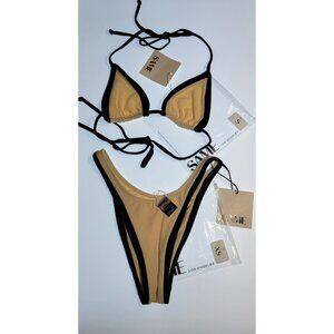 SAME Los Angeles Swim Bikini Set 2Pc Triangke Top S High Weist Bottom XS Beige